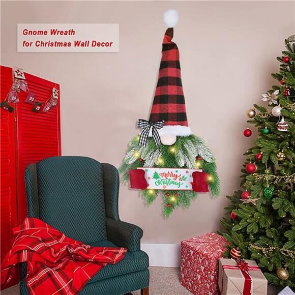 Artificial Pine Spruce Hanging Gnome Wreath with Lights - Picture 6 of 7